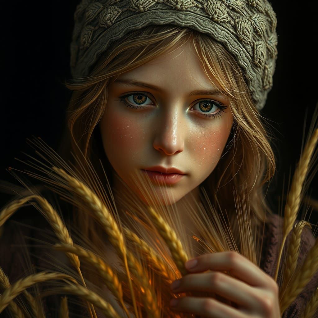 Farm Maiden Harvesting Wheat as Matte Painting