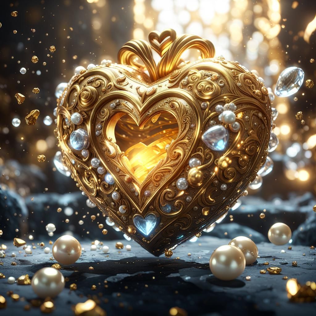 Dazzling Golden Heart with Jewels, 3D Render