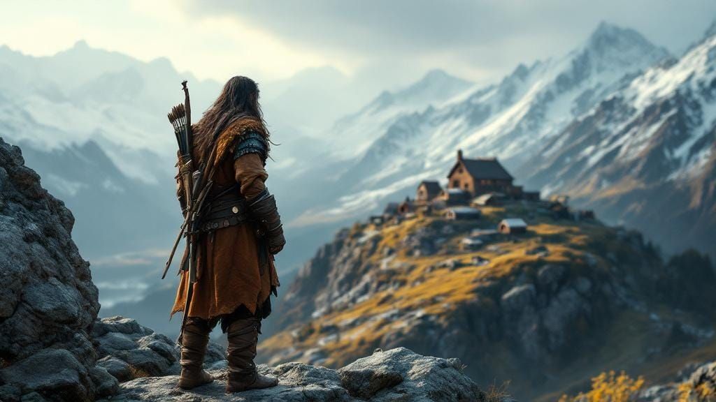 Ranger on Rocky Outcrop with Viking Longhouse