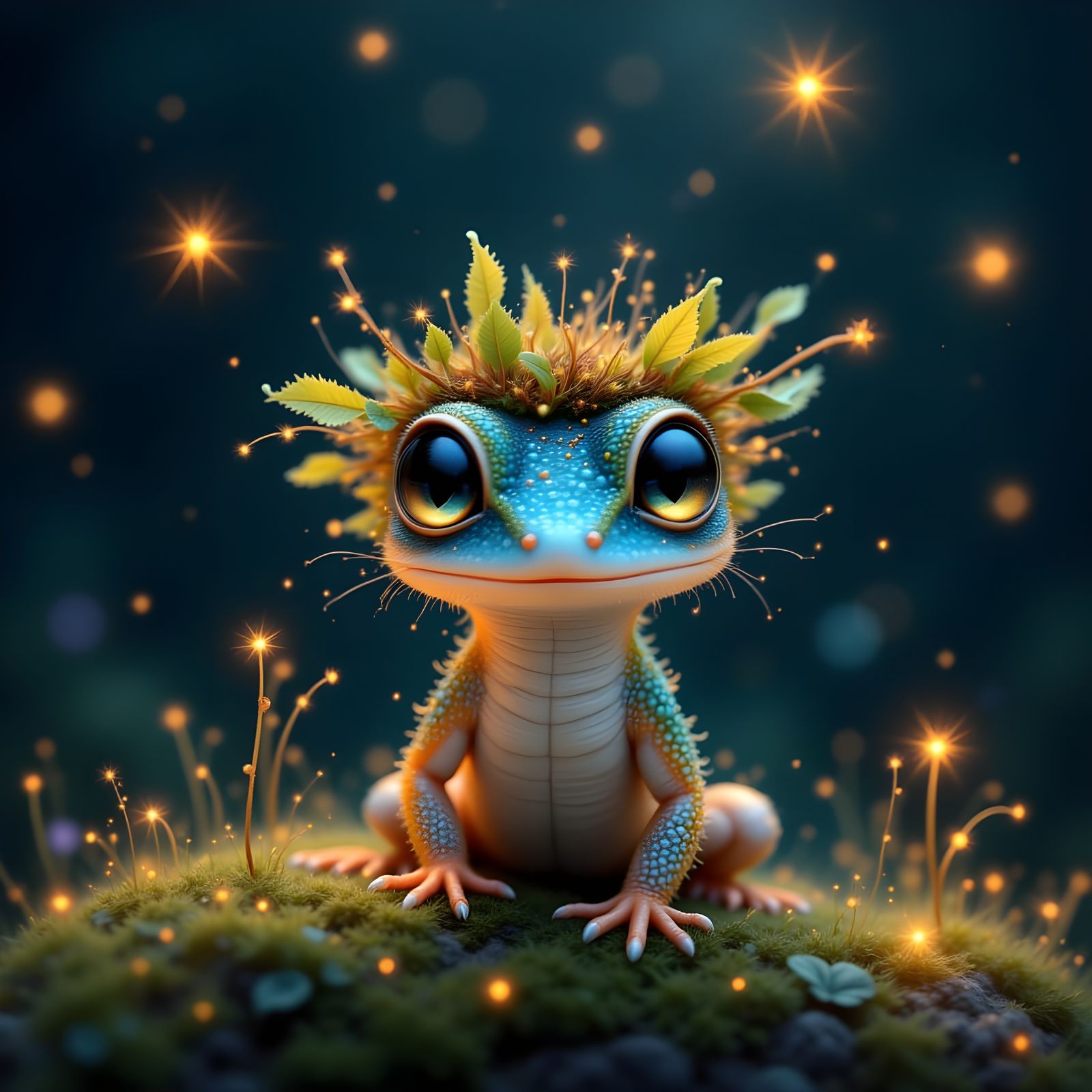 Adorable Baby Lizard on Moss with Fireflies