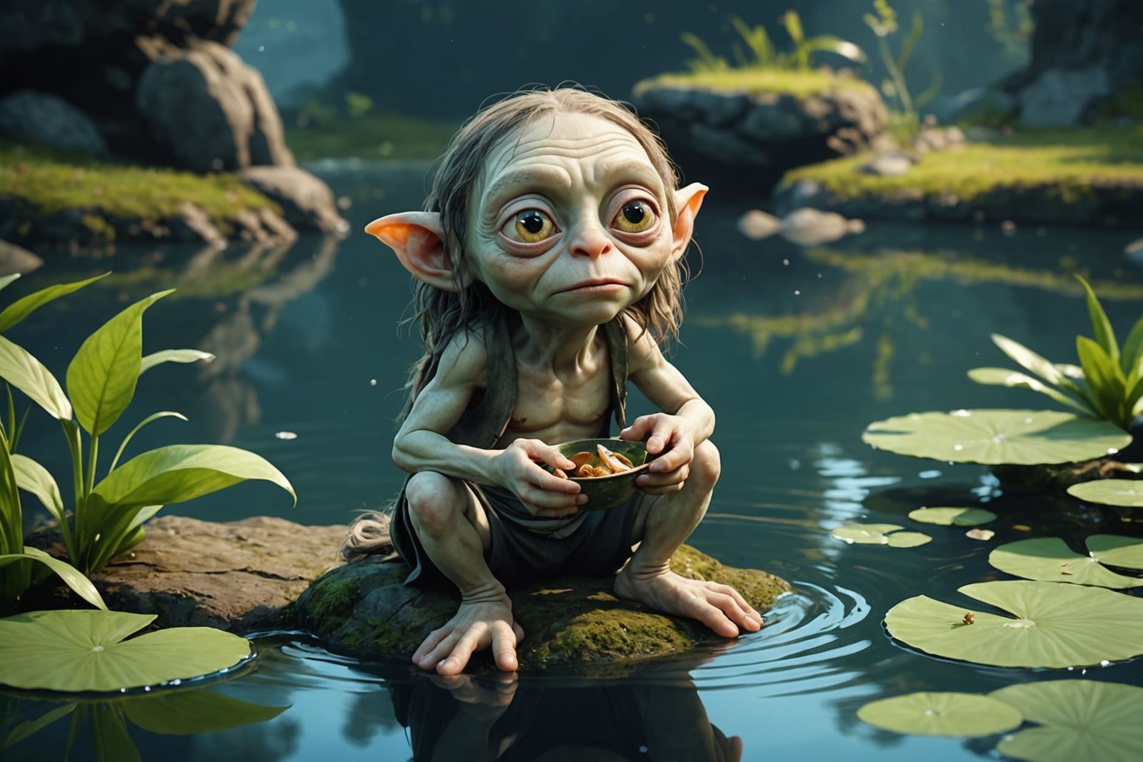 Cute Gollum with Long Hair Eating Fish