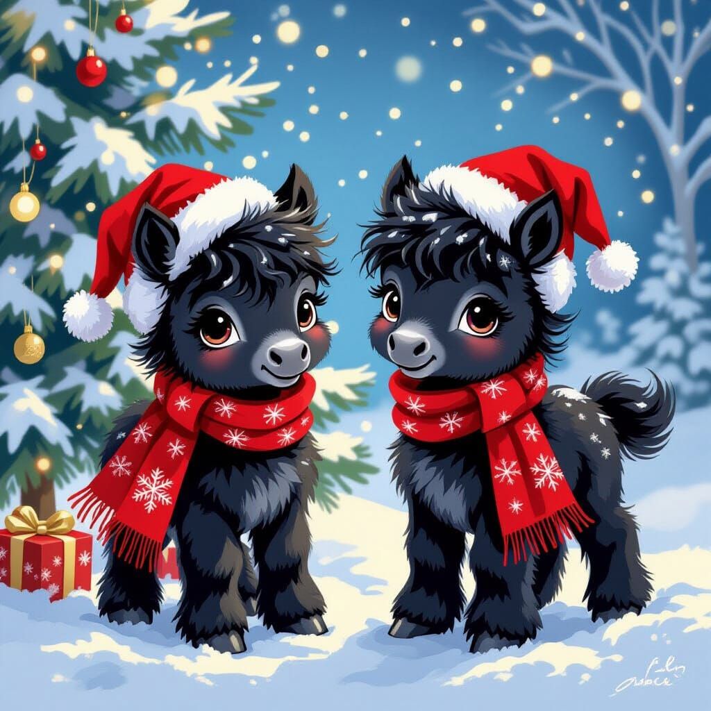 Cute Fluffy Horses in Festive Holiday Scene