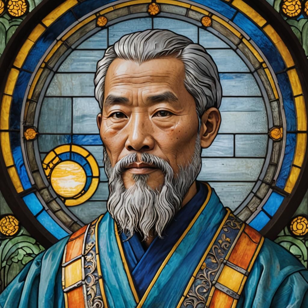 Stained Glass Portrait of Asian Man in Blue Robe