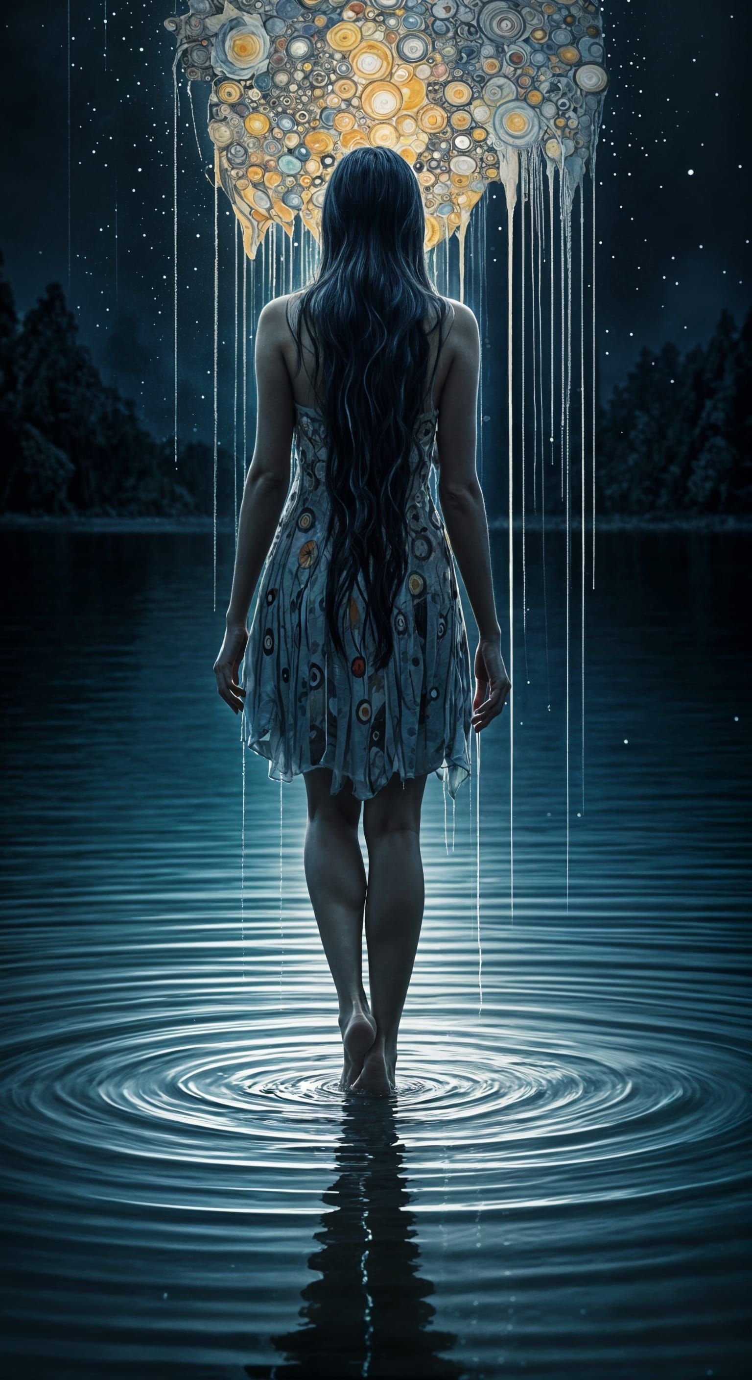 Starry Night Woman in Lake, Klimt-Inspired Art