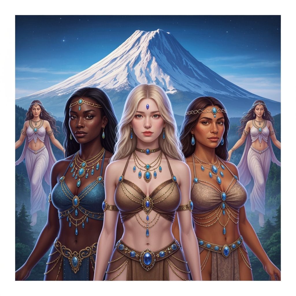 Diverse Women in Juno Calypso Clothing Before Mount Shasta