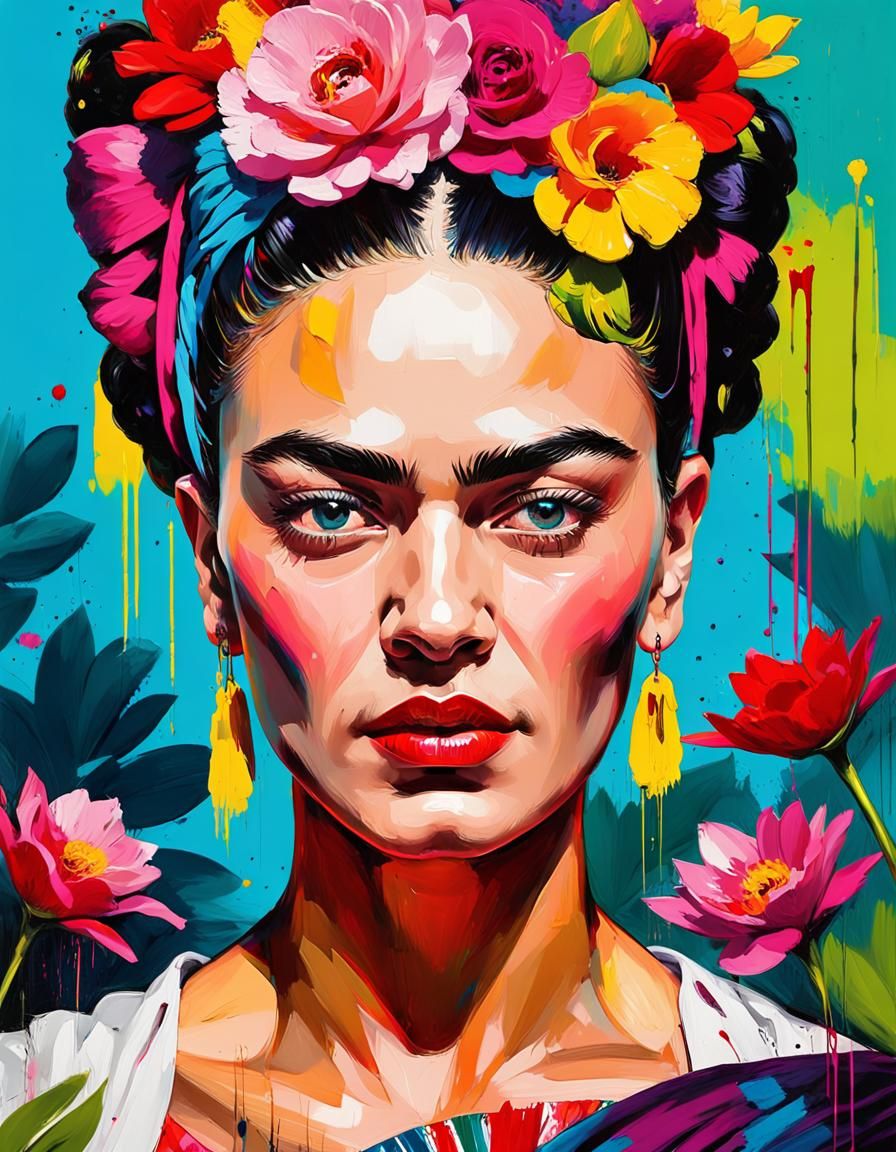 Frida Kahlo Pin-Up in Flower Garden, Neo-Impressionist Oil P...