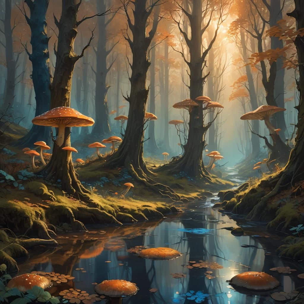 Mystical Forest Landscape with Stream in Fantasy Art