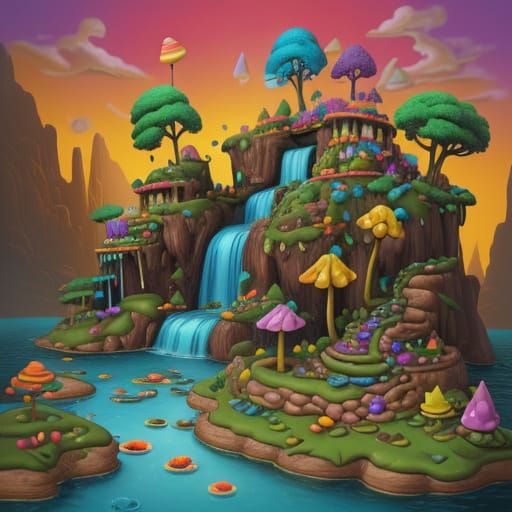 Chocolate Waterfall in Candy Landscape, Surrealist Painting