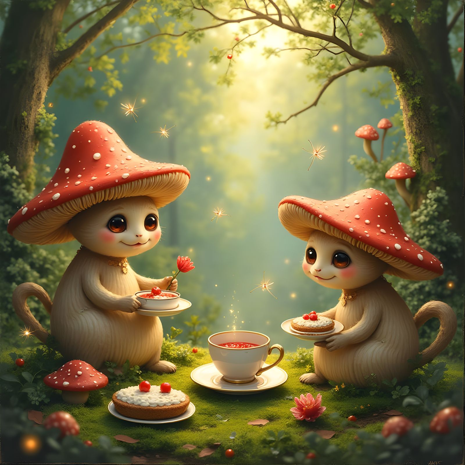 Enchanted Mushroom Tea Party in Sun-Dappled Forest