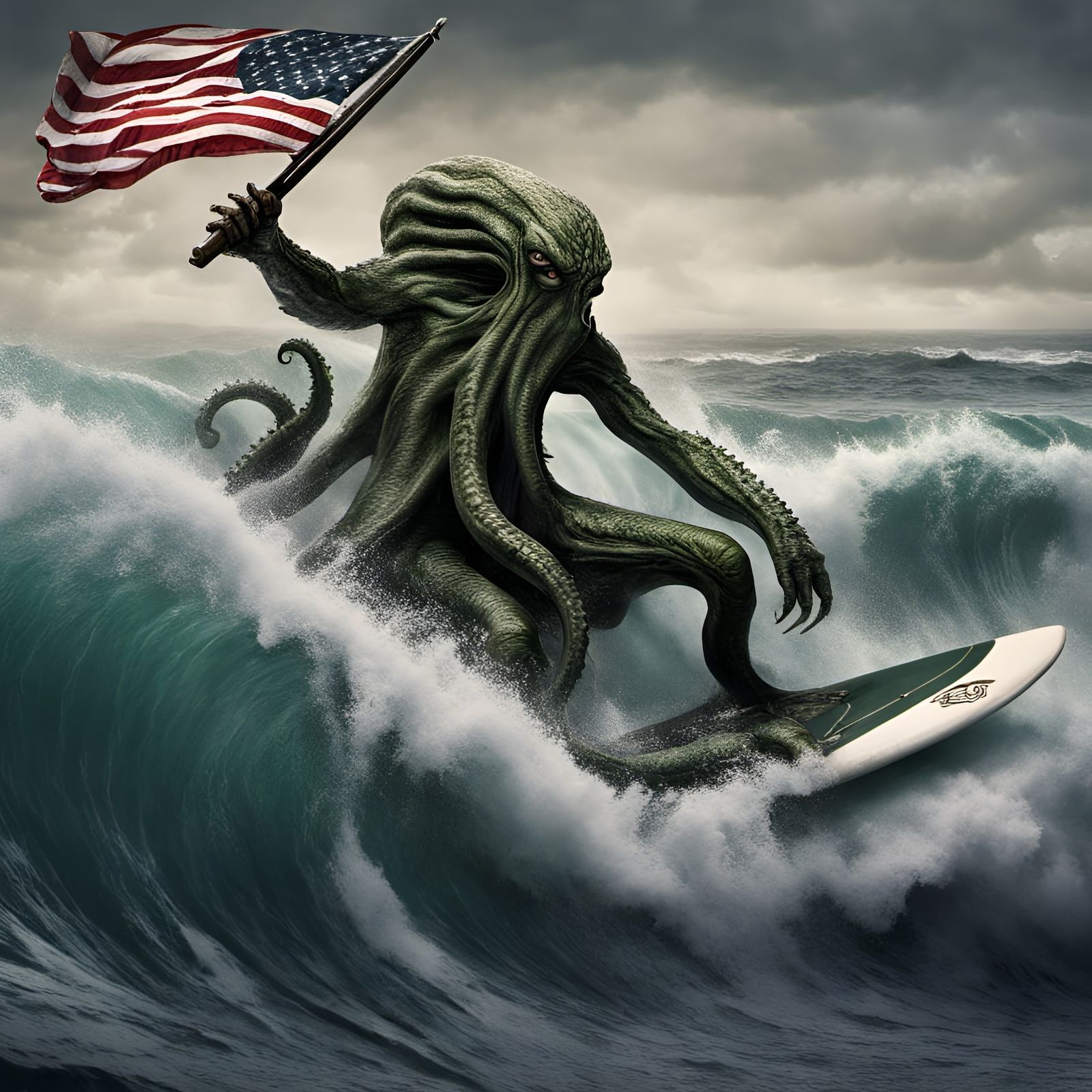 Hyperrealistic Cthulhu Surfing with American Flag
