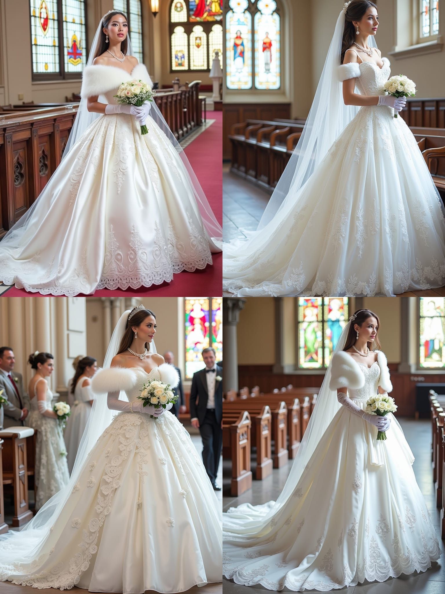 Elegant Bride in White Satin and Lace Gown