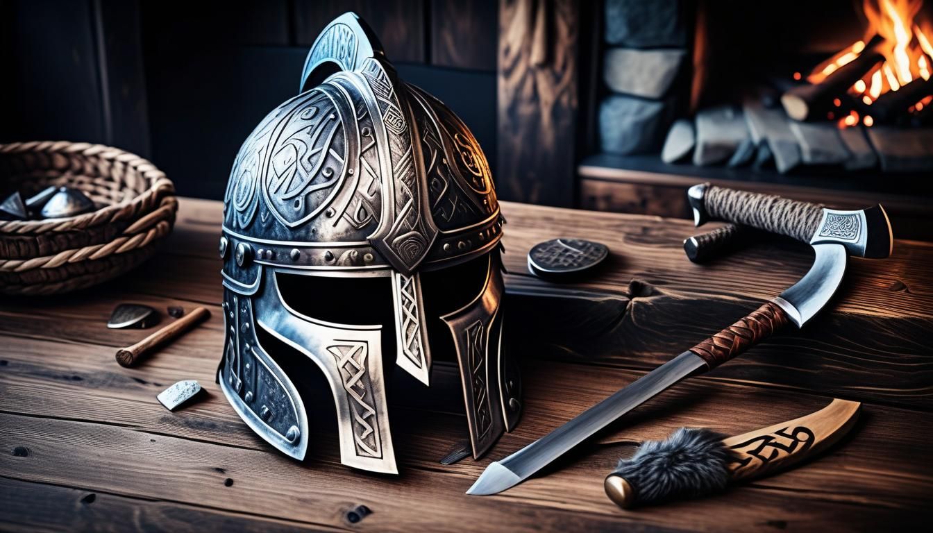 Viking Helmet and Axe with Metallic Illumination