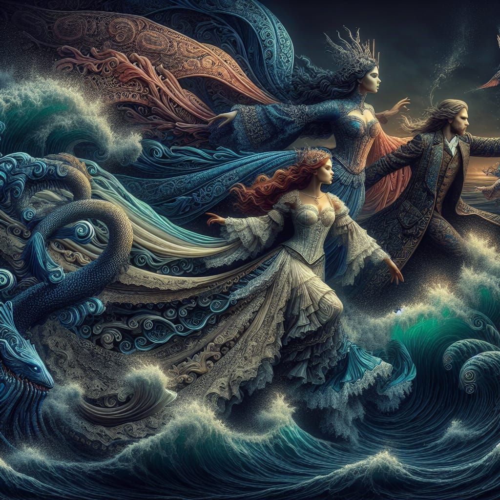 Victorian Mermaid and Figures Emerge from Ocean
