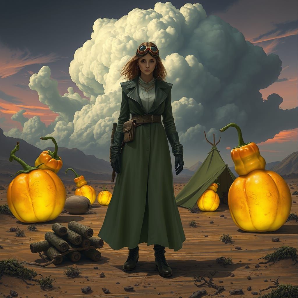 Futuristic Wasteland Woman Amidst Glowing Mutated Fruits in ...