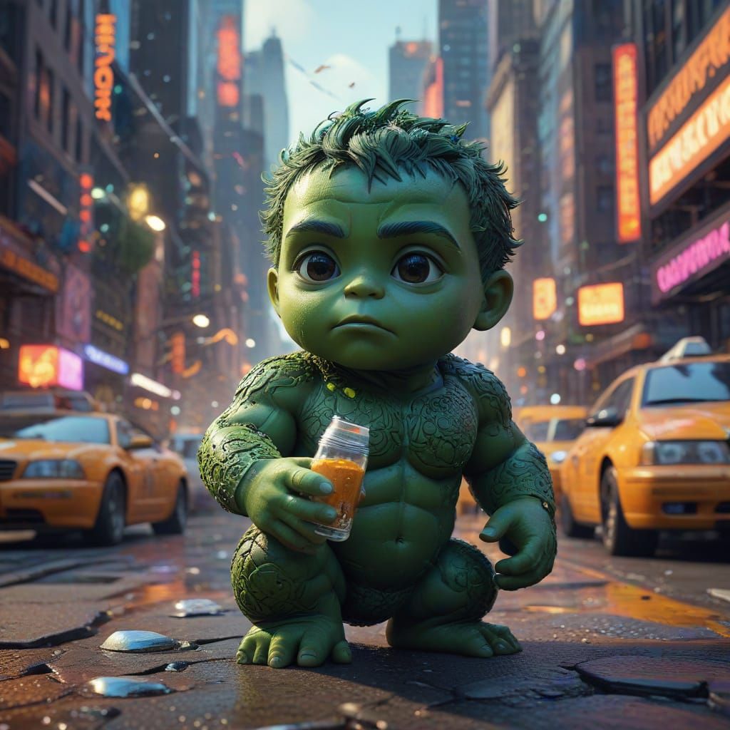 Impasto Painting of Baby Hulk in Cyberpunk NYC