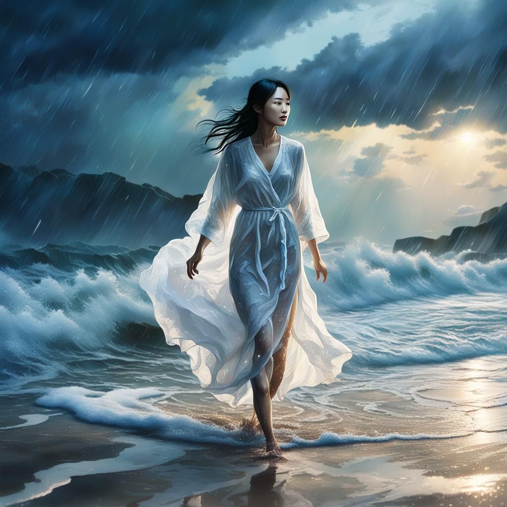 Korean Woman in Rain, Fantasy Concept Art