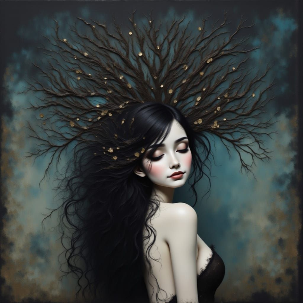 Blossom Tree Portrait in Gothic Mixed Media Style