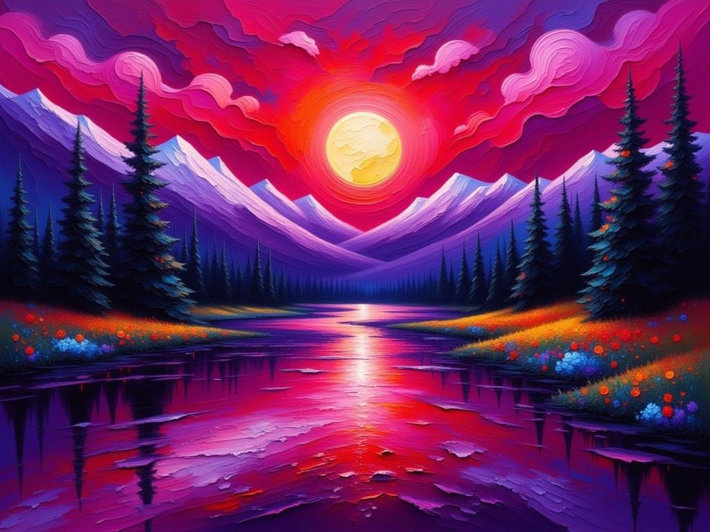 Vibrant River Reflects Crimson Sky as Impasto Painting