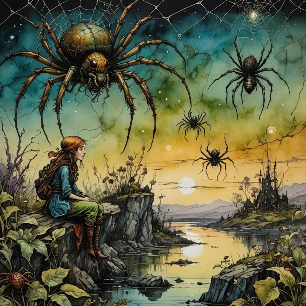 Whimsical Fantasy Scene with Girl and Spiders