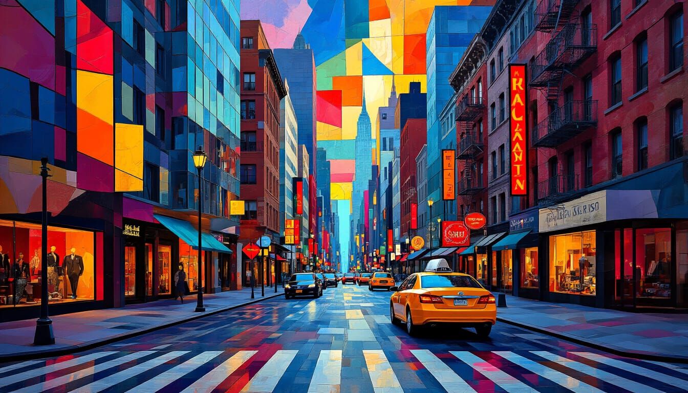Abstract Cubist Cityscape Collage with Vibrant Colors