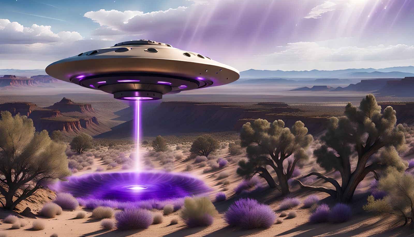 Chrome UFO Hovering Over Desert Valley