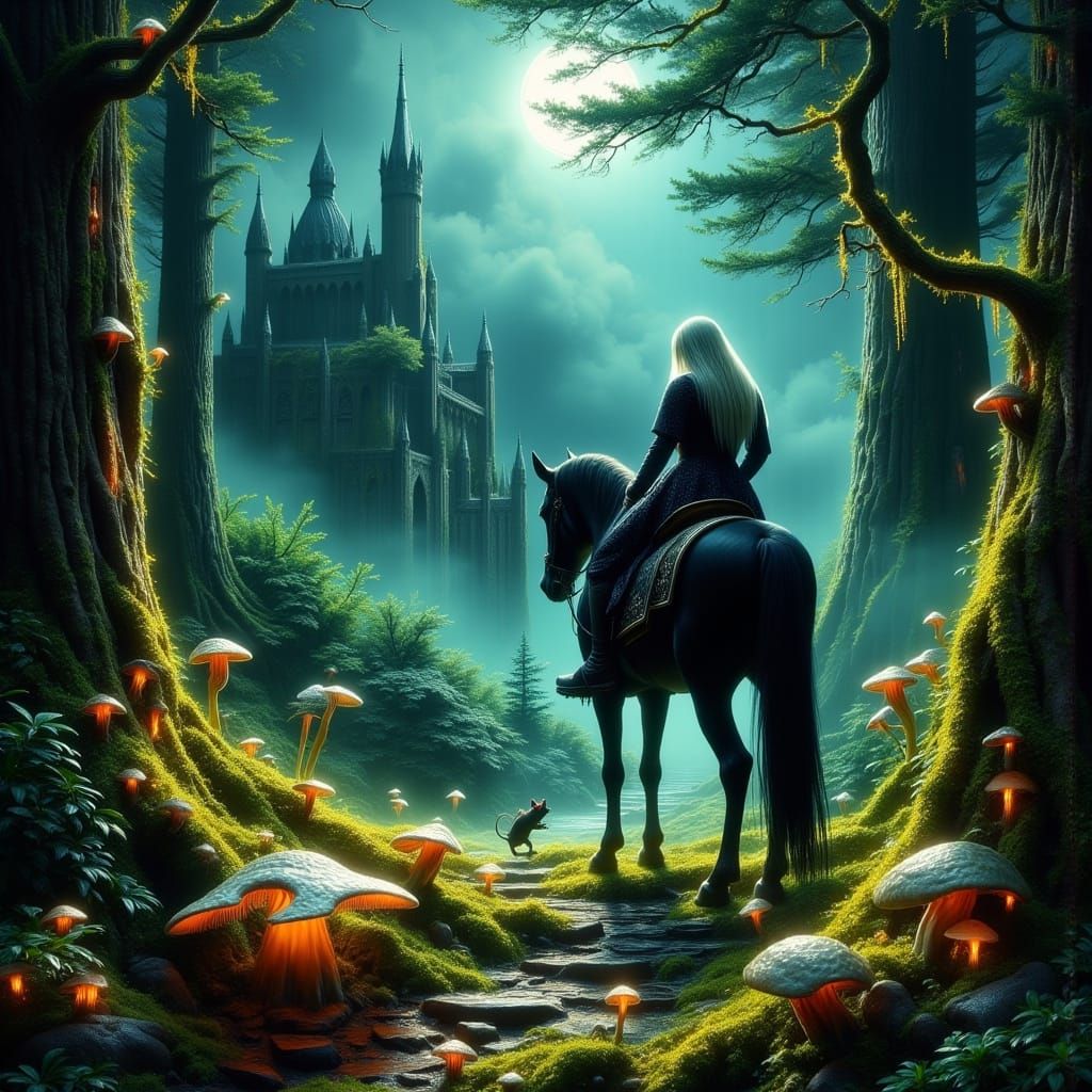 Majestic Rider in a Bioluminescent Forest Clearing, Dark Oil...