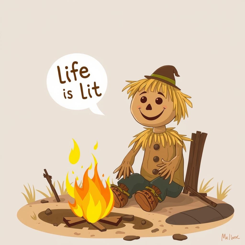 Happy Scarecrow by Bonfire in Cartoon Style