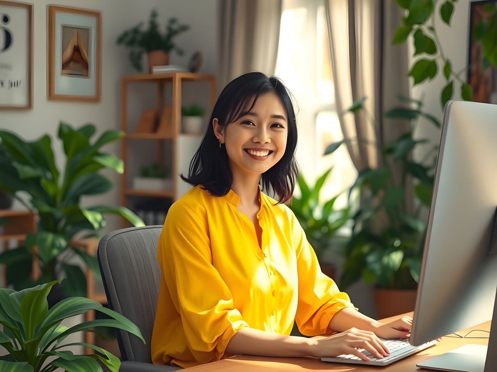Smiling Woman in Modern Home Office