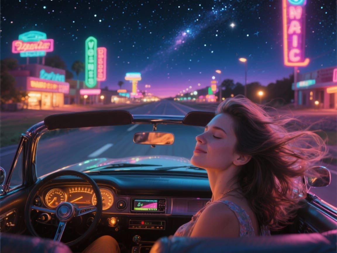 Woman Driving Under Starry Night Sky in Neon Glow