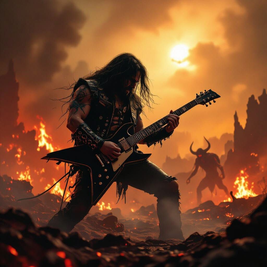 Heavy Metal Guitarist in Hellish Landscape