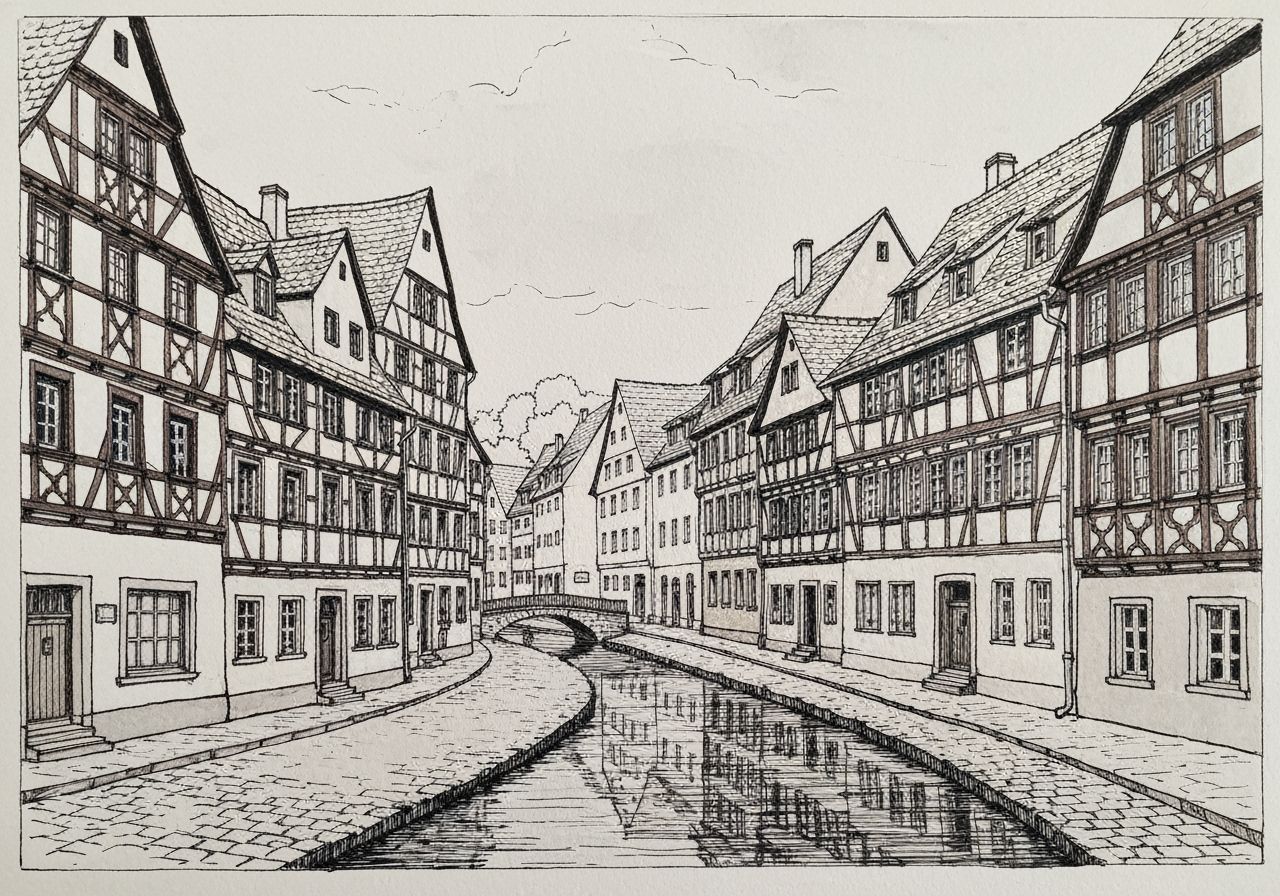 Charming German Street Scene in Ink Drawing Style