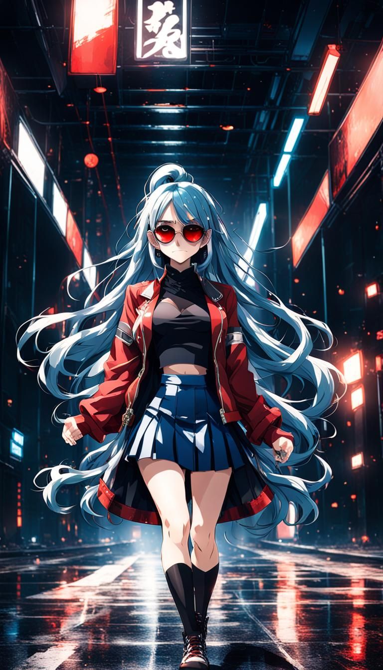 Anime Woman with Blue Hair and Red Jacket