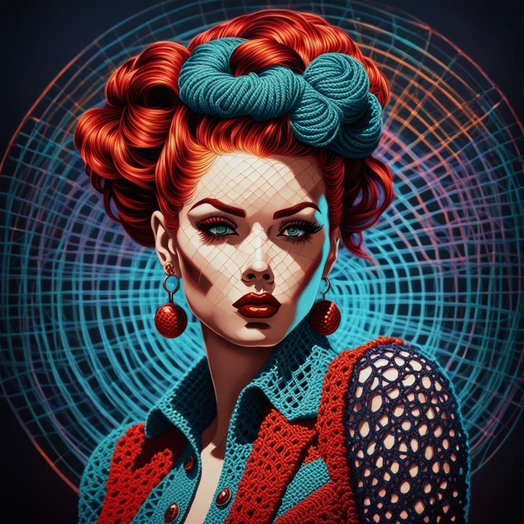 Crocheted Rockabilly Girl on Holographic Canvas