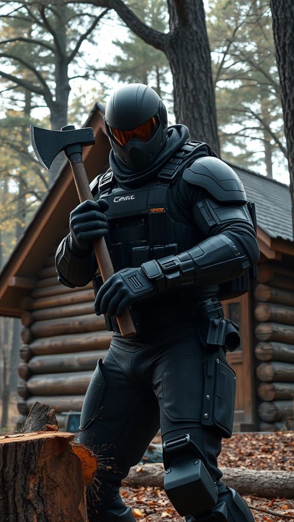 Cyberpunk Warrior in Tactical Suit Splits Wood with Precisio...