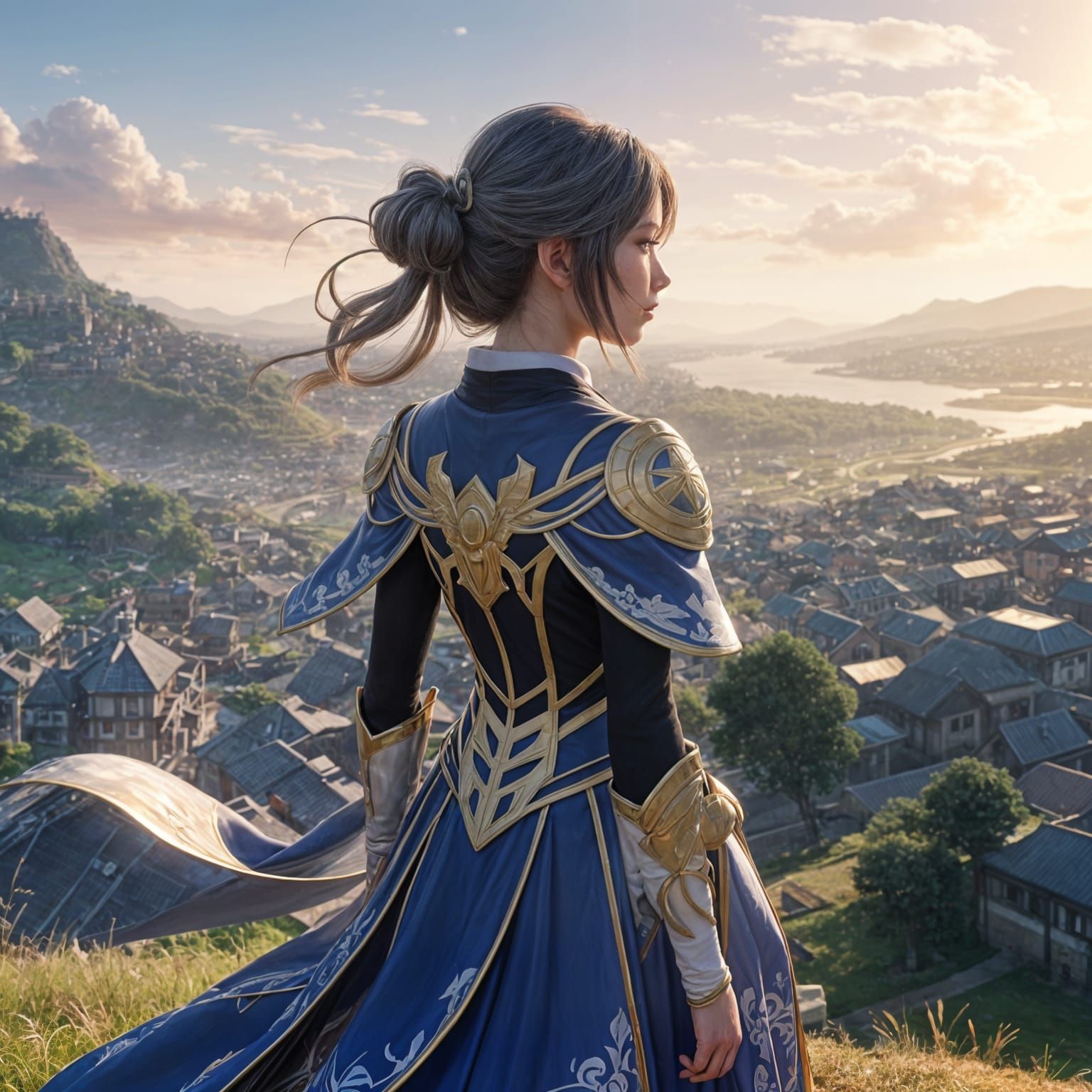 Anime Superhero Mother Watches Over Serene Village from Hill...