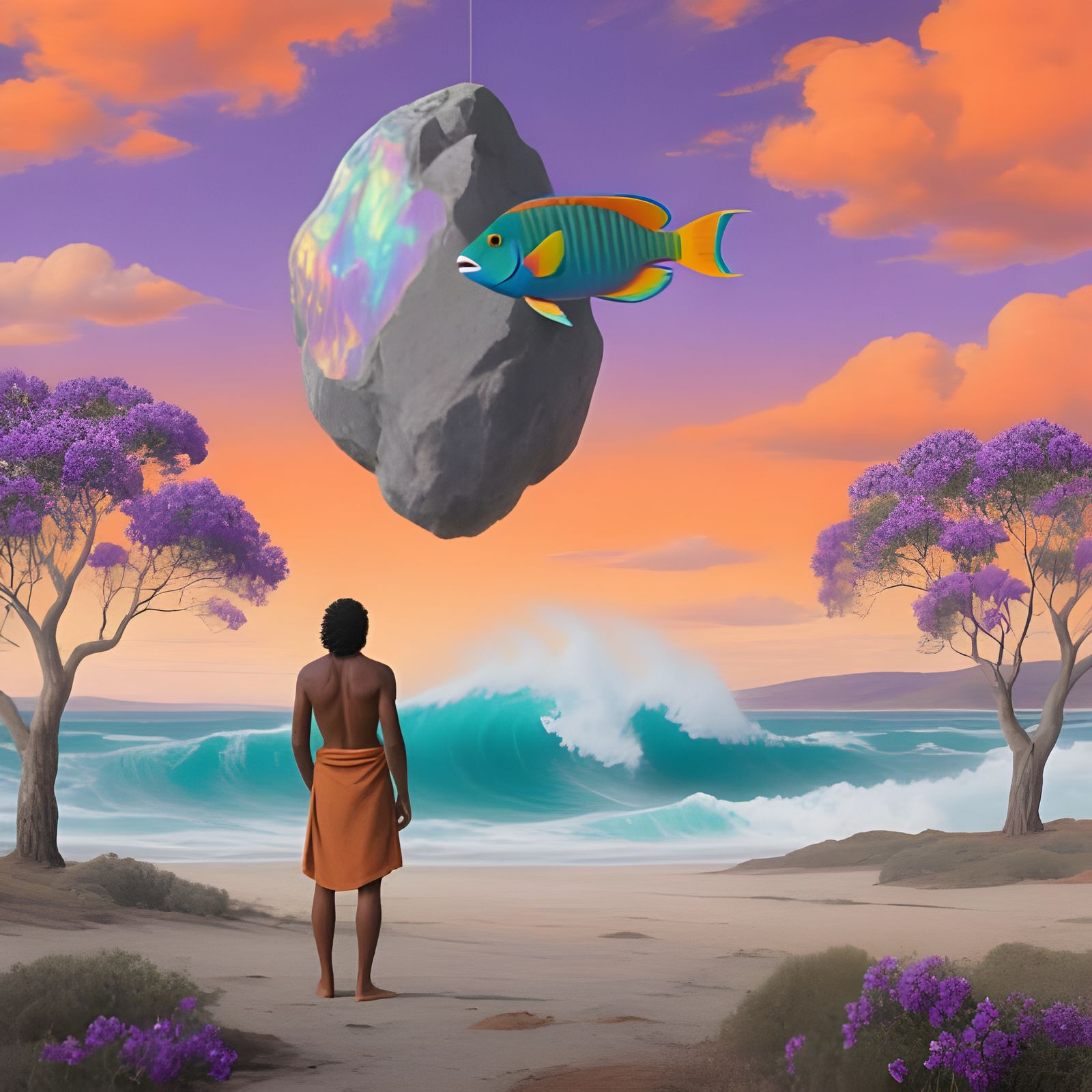 Surreal Australian Landscape with Floating Rock and Fish