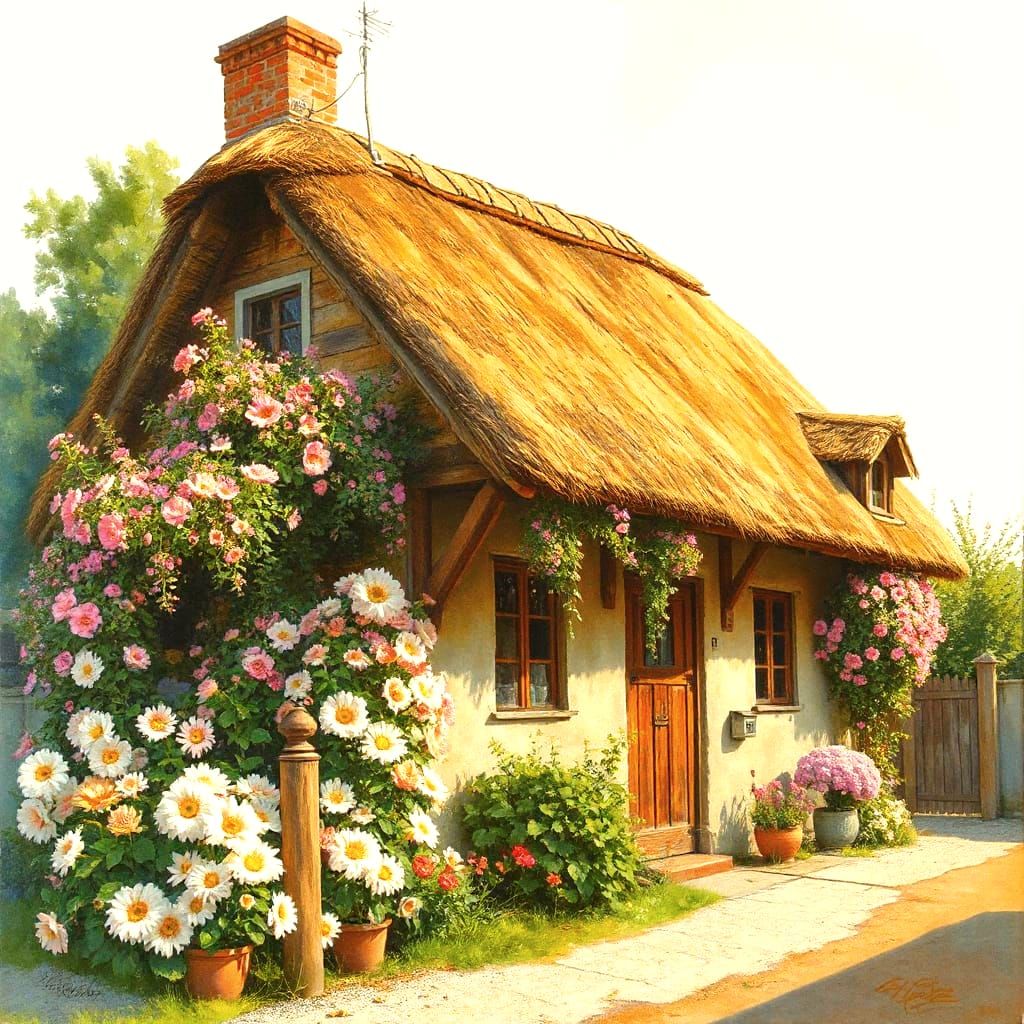 Floral Village Hut in Watercolor Style