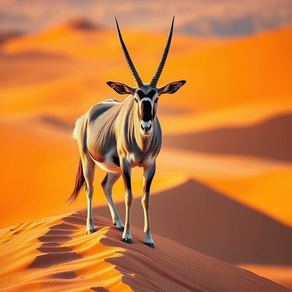 Majestic Oryx on Orange-Yellow Sand Dune in Sossusvlei