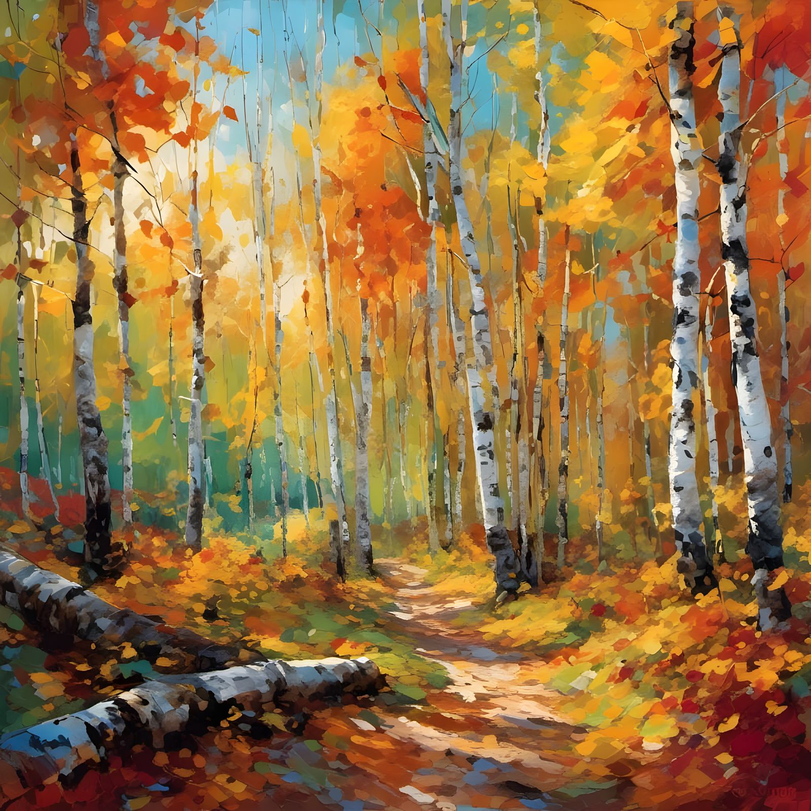 Autumn Birch Forest Trail in Dappled Evening Light