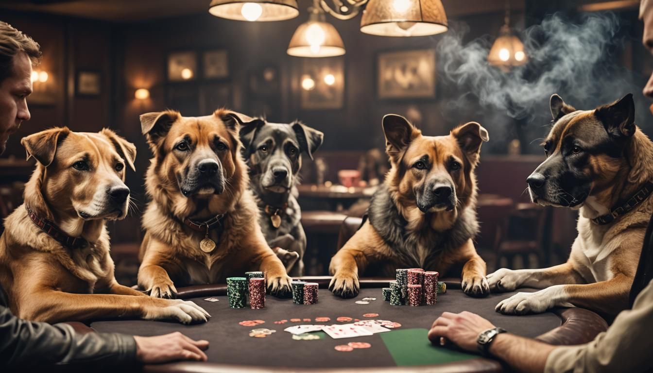 Dogs Playing Poker in Smoky Bar