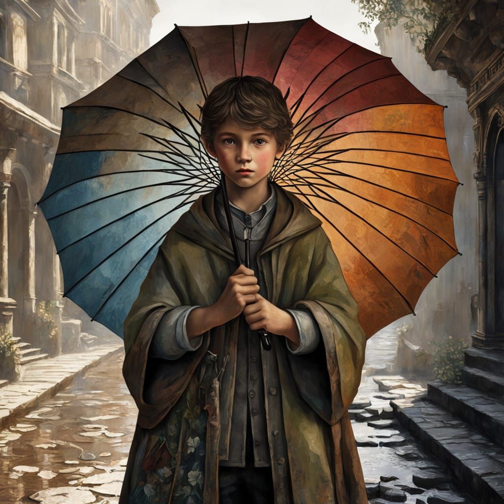 Young Boy Holds Umbrella Against Distressed Papier-Mâché Bac...