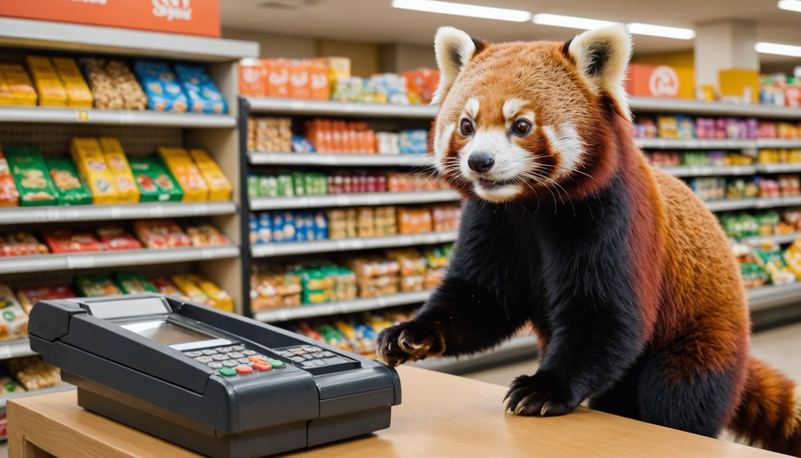 Red Panda at Grocery Store Checkout