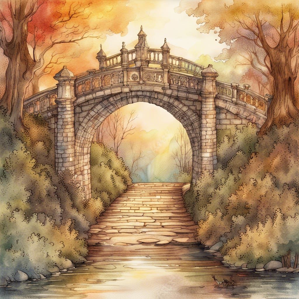 Fairytale Bridge to Forest in Watercolor Style