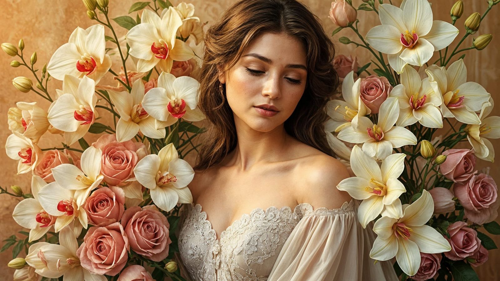 Ethereal Lady in a Garden of Roses and Orchids