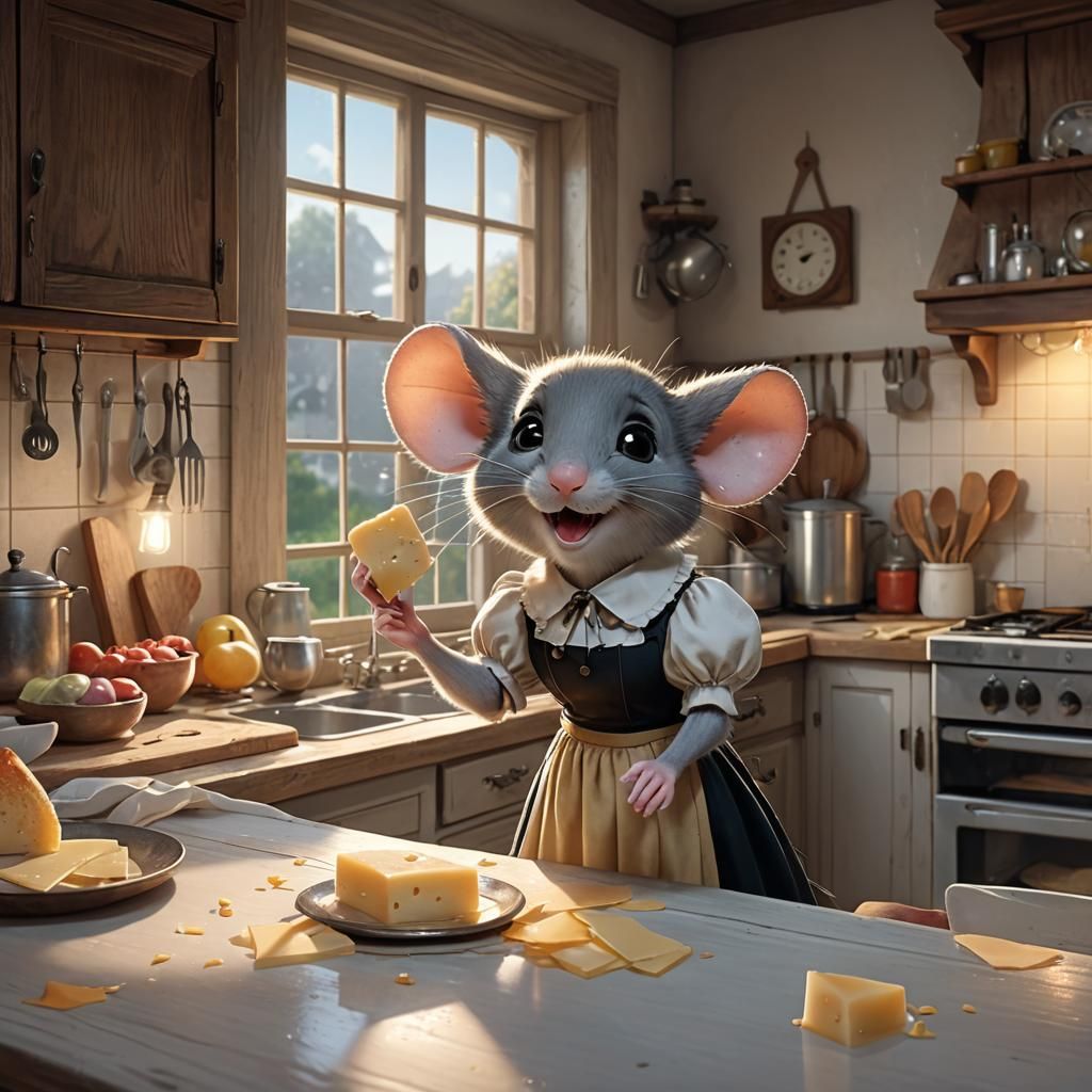 Happy adorable female  mouse wearing a blouse,  long skirt and apron holding a wedge of Swiss cheese on a countertop in ...