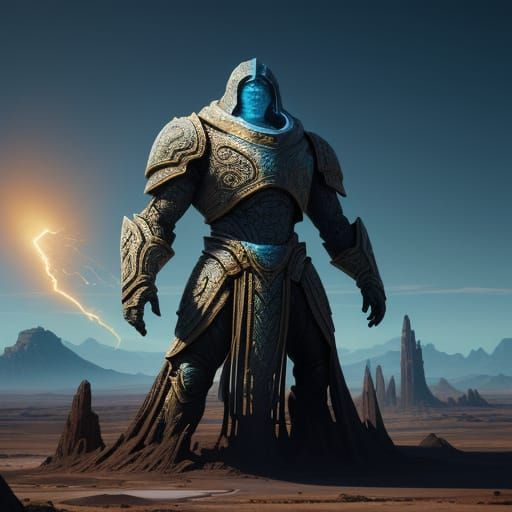 Colossal Figure on Desolate Planet in Digital Painting Style