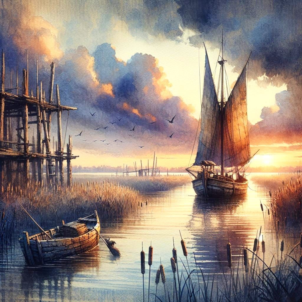 Sunset Estuary: Fishing Boat in Watercolour Style