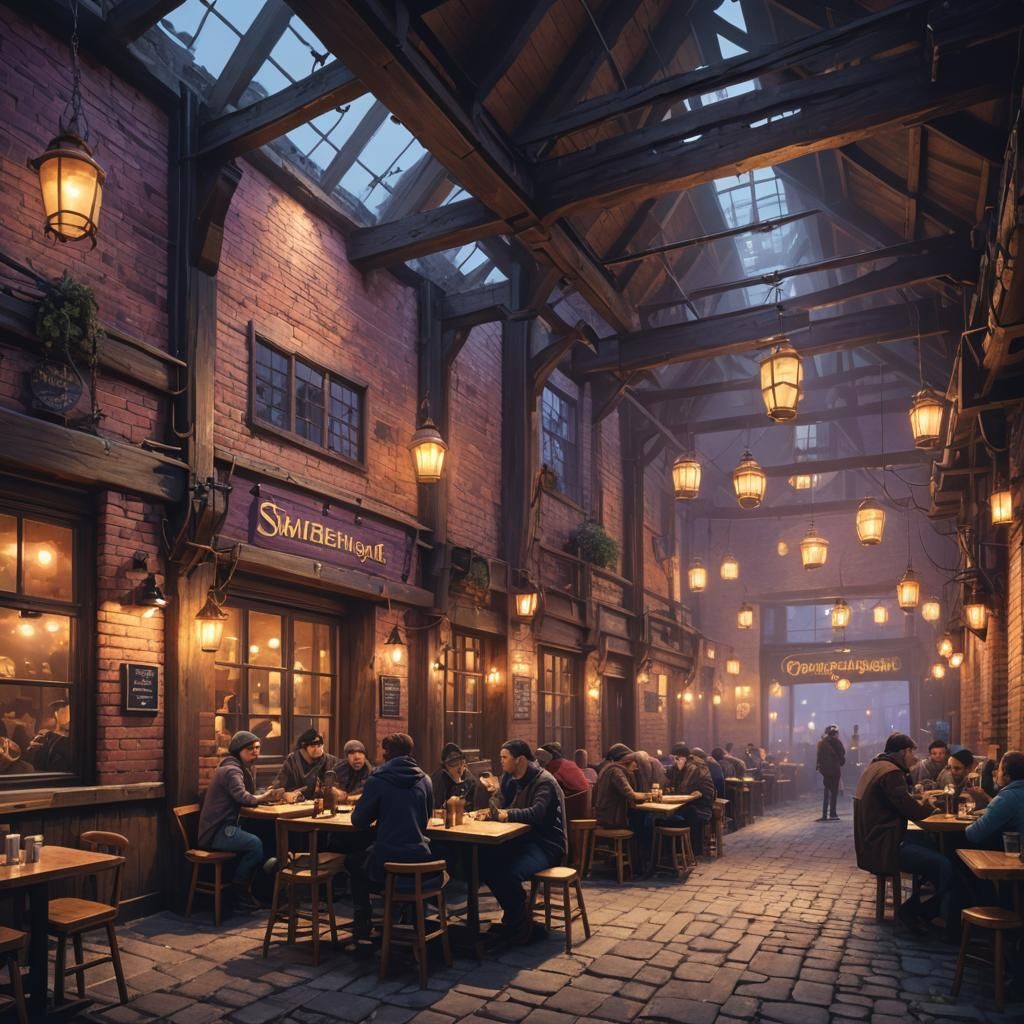 Fantasy Cafe Interior with Brick Walls in Matte Painting Sty...