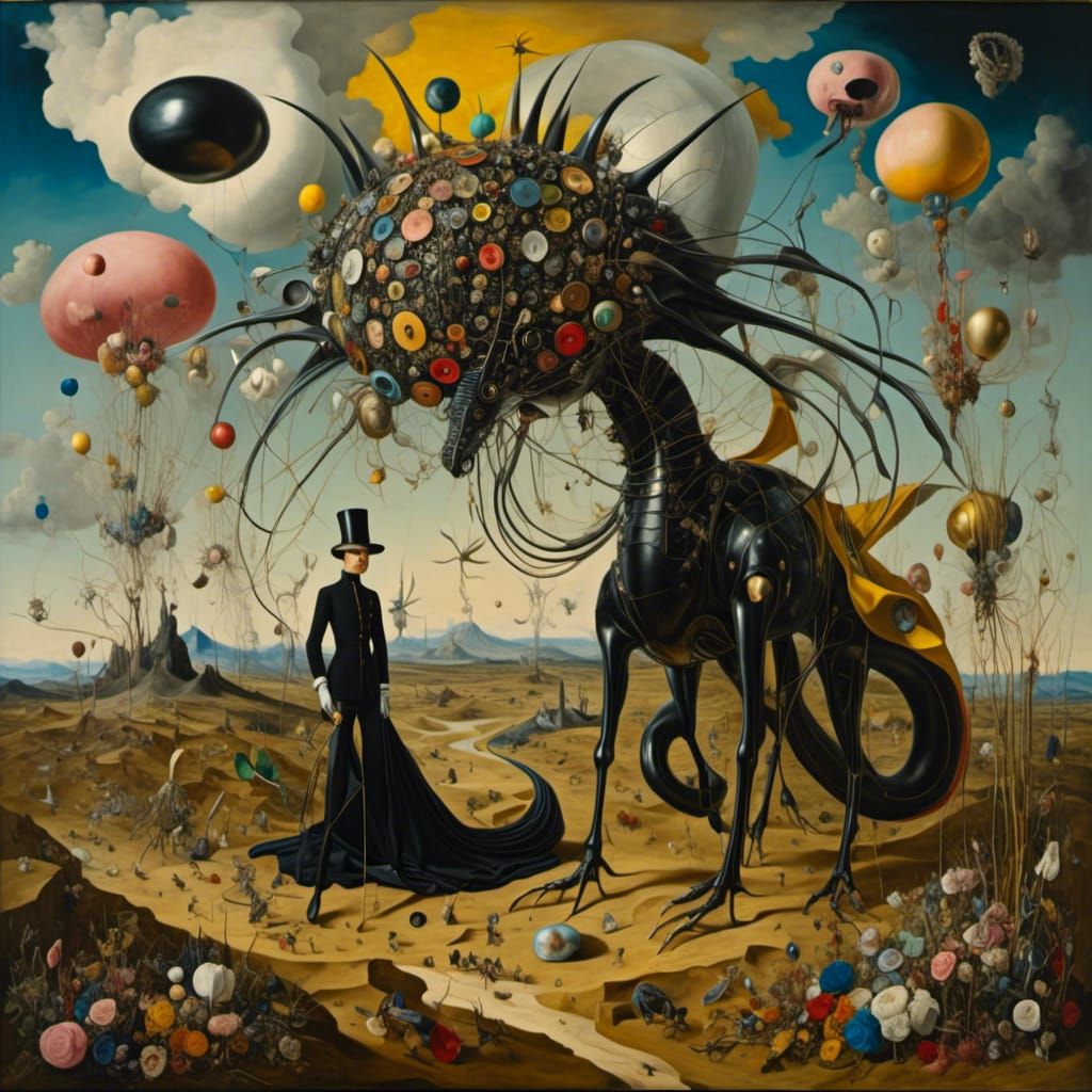 Surreal Primordial Dragon, Salvador Dali and Joan Miró Style