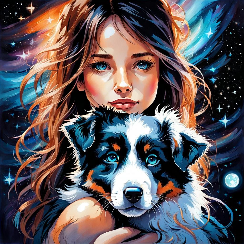 Girl and Puppy Embrace Under Meteor Shower